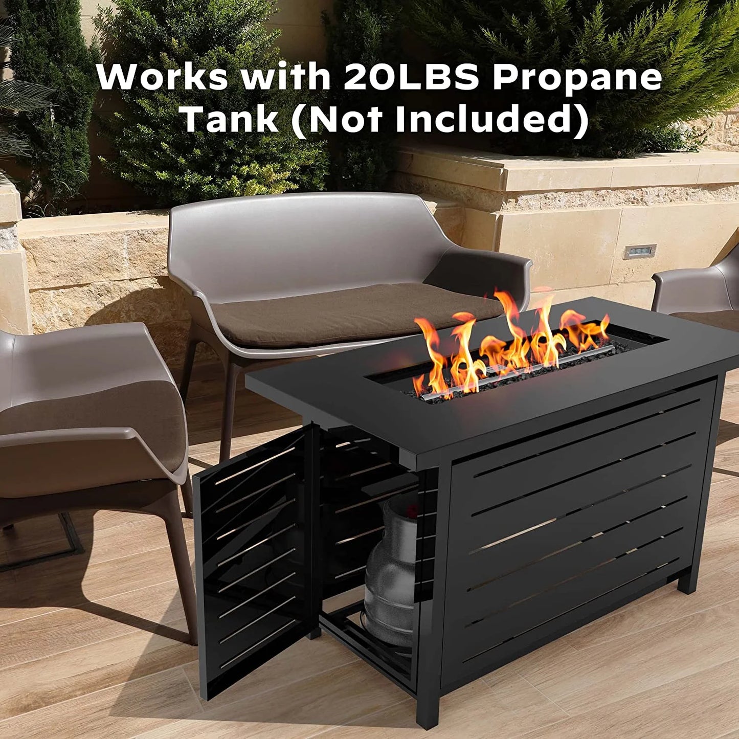 Hausora Garden 43" Propane Fire Pits for outside 60,000 BTU Gas Fire Pit Table for outside with Lid , Glass Beads, Cup Holders, Hanging Shelf & Nylon Cover, Rectangle