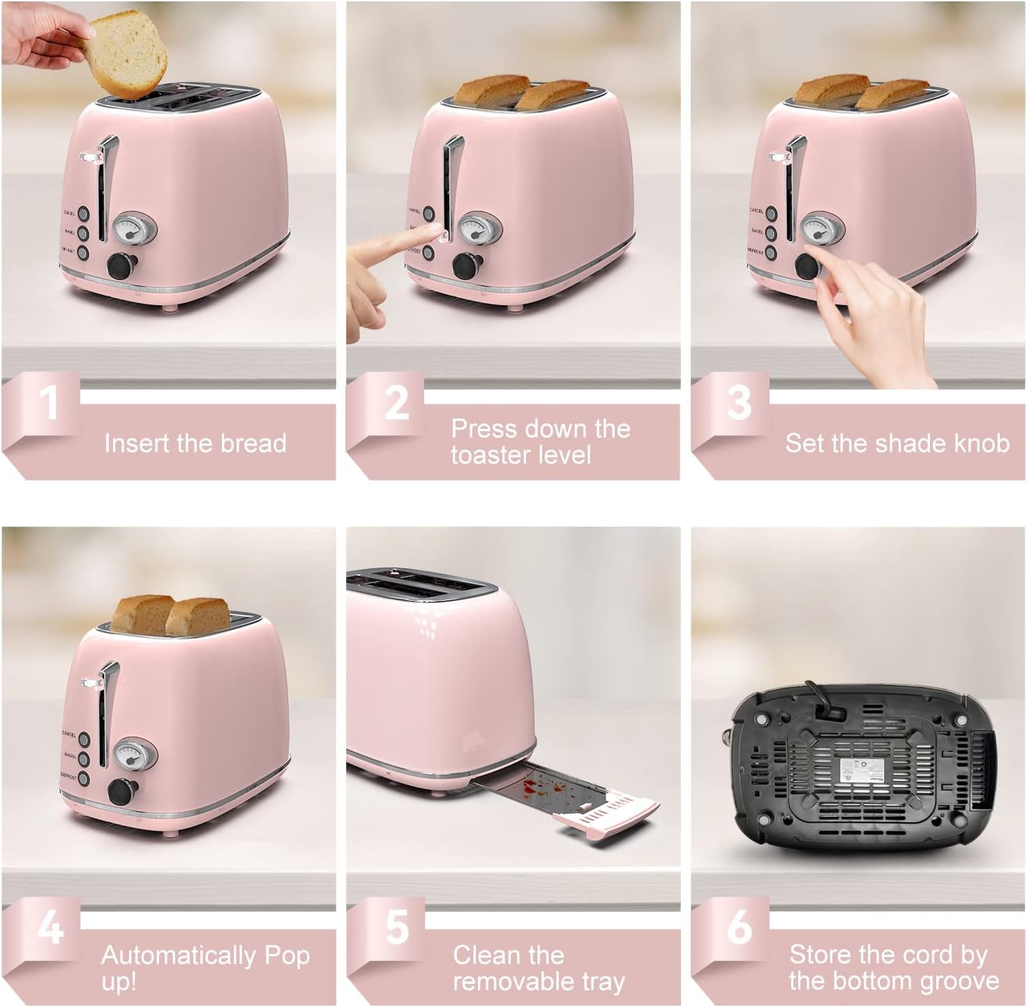 Hausora Toaster 2 Slice,Retro Stainless Steel Toaster with 6 Settings, 1.5 in Extra Wide Slots, Bagel/Defrost/Cancel Function, Removable Crumb Tray (Baby Pink)