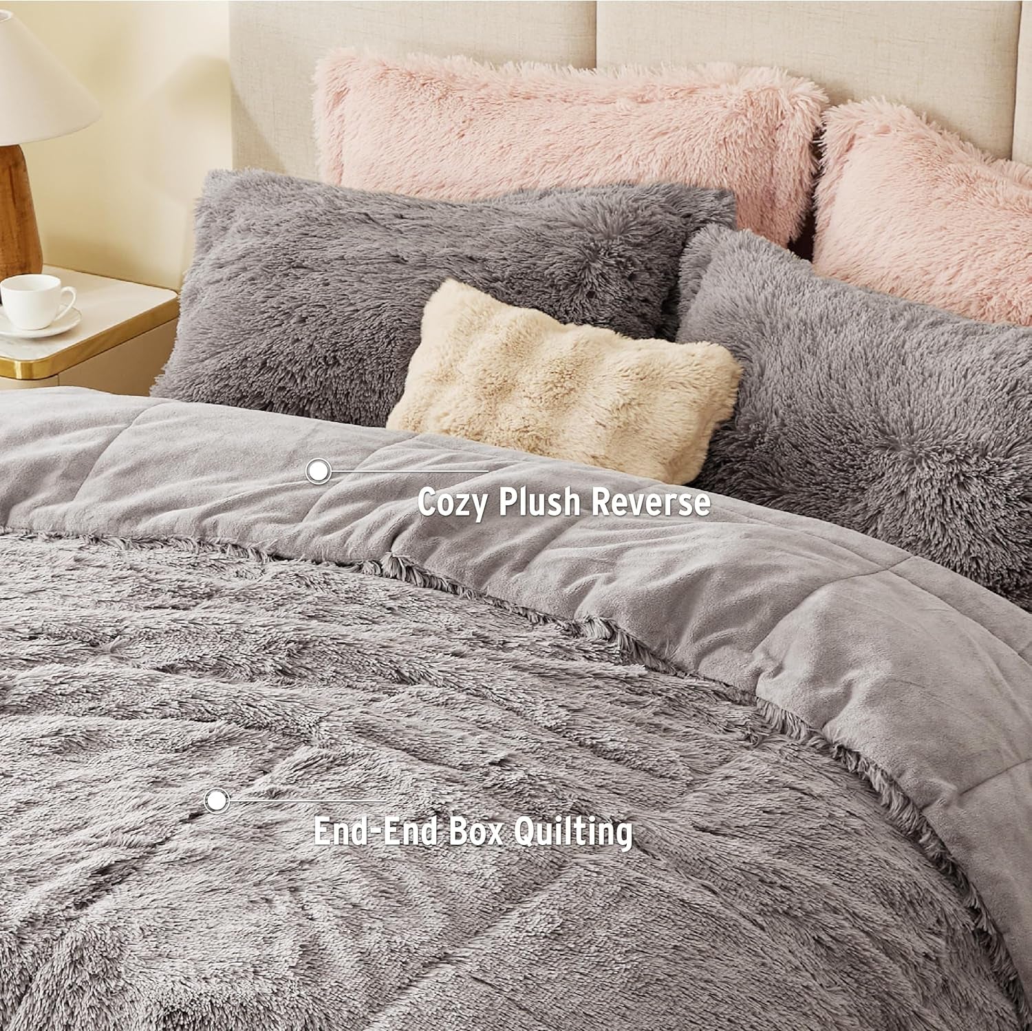 Hausora Bedroom Malea Shaggy Comforter Set, Long Faux Fur Cozy down Alternative, Modern Casual Ultra Soft All Season Fluffy Bedding with Matching Sham, King/Cal King, Grey 3 Piece