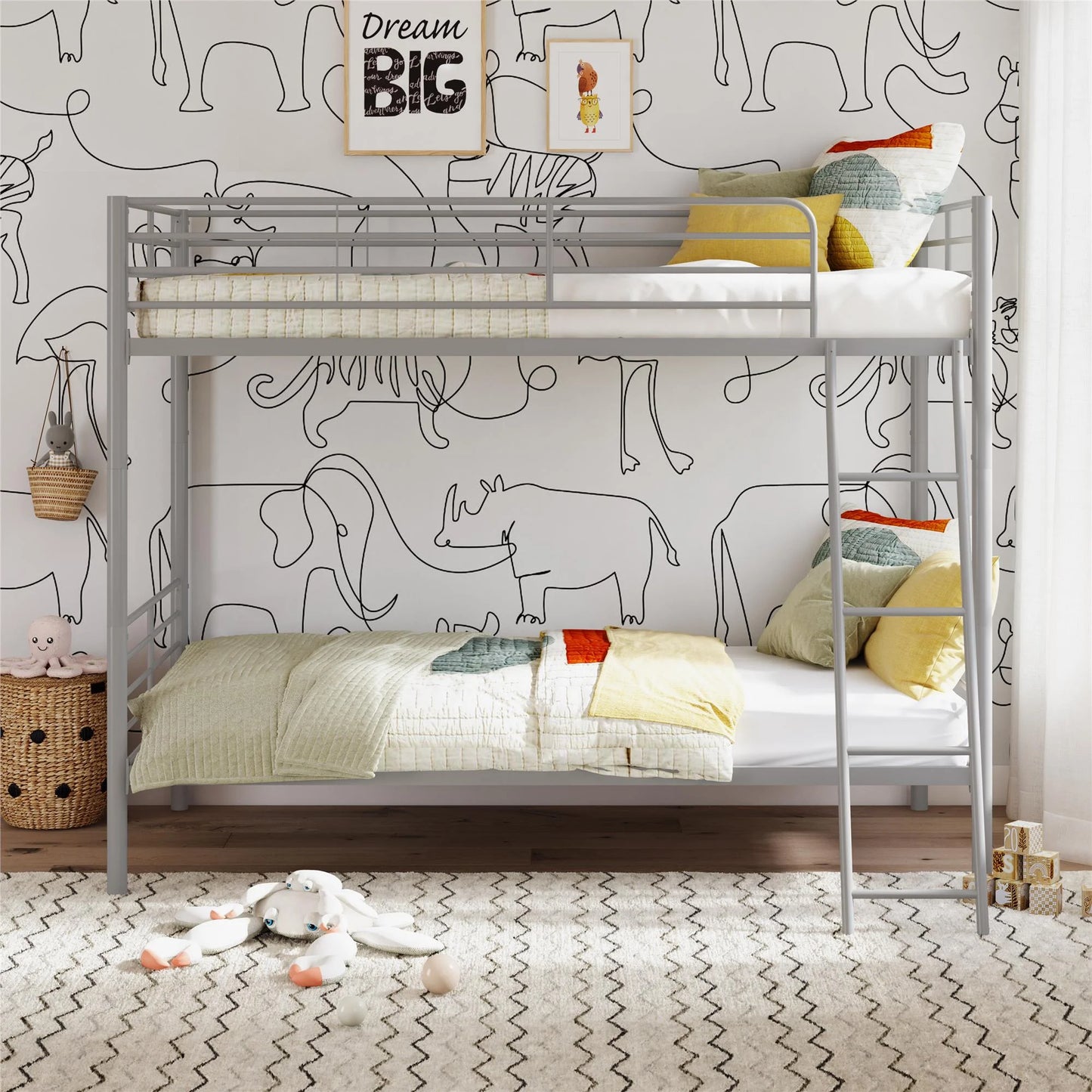 Convertible Twin over Twin Metal Bunk Bed, Silver