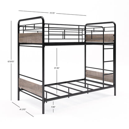 Hausora Kids Twin over Twin Bunk Bed, Metal Frame and Rustic Gray Accents