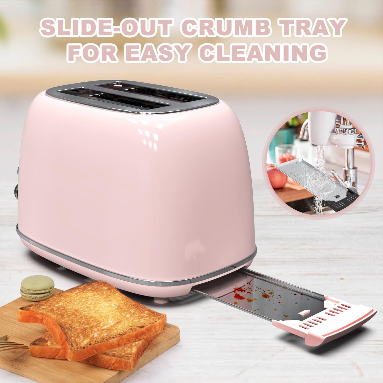 Hausora Toaster 2 Slice,Retro Stainless Steel Toaster with 6 Settings, 1.5 in Extra Wide Slots, Bagel/Defrost/Cancel Function, Removable Crumb Tray (Baby Pink)