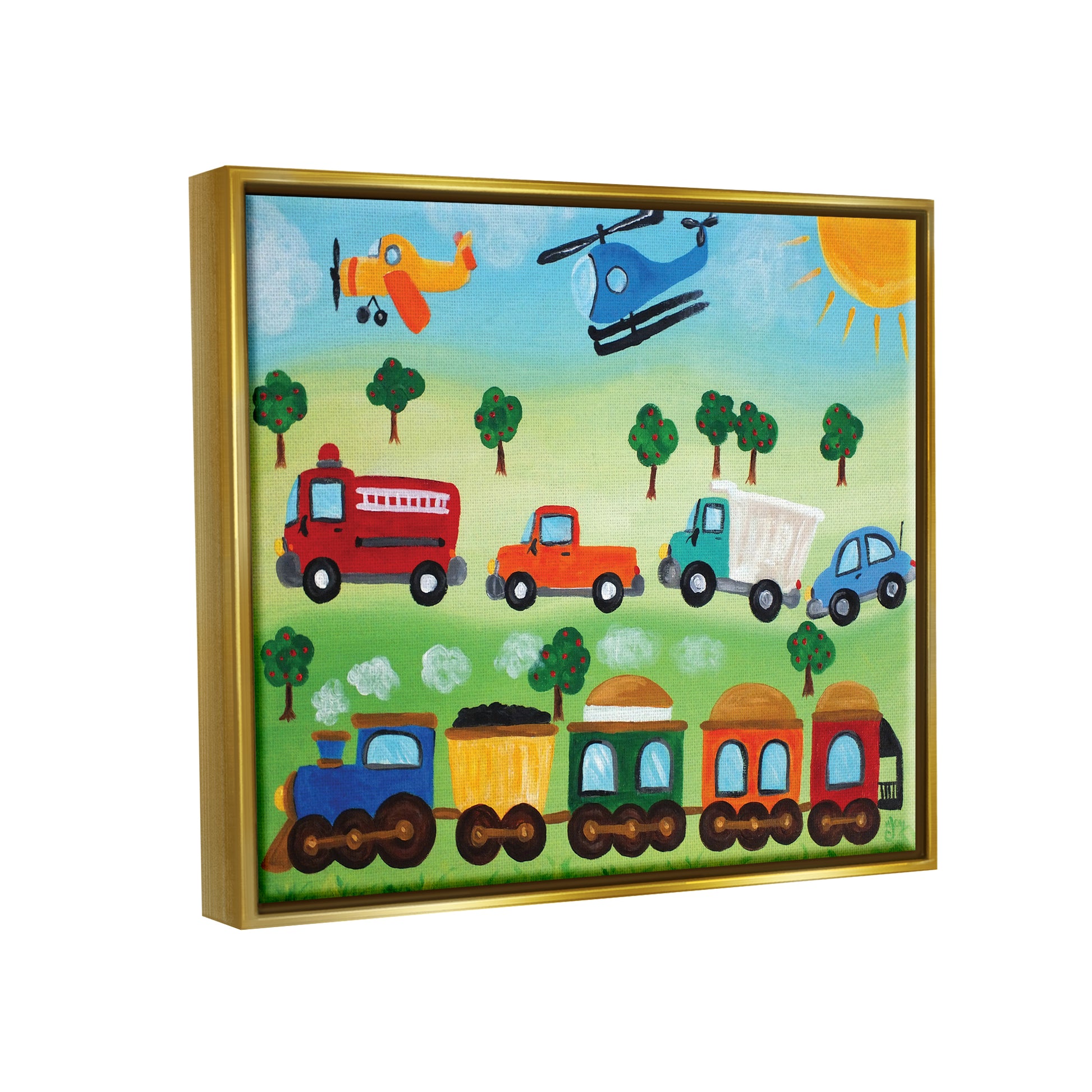 HausoraKids Room Planes, Trains, and Automobiles Metallic Gold Framed Floating Canvas Wall Art, 24X30