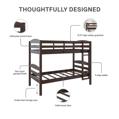 Hausora Kids Solid Wood Twin-Over-Twin Convertible Bunk Bed, Mocha