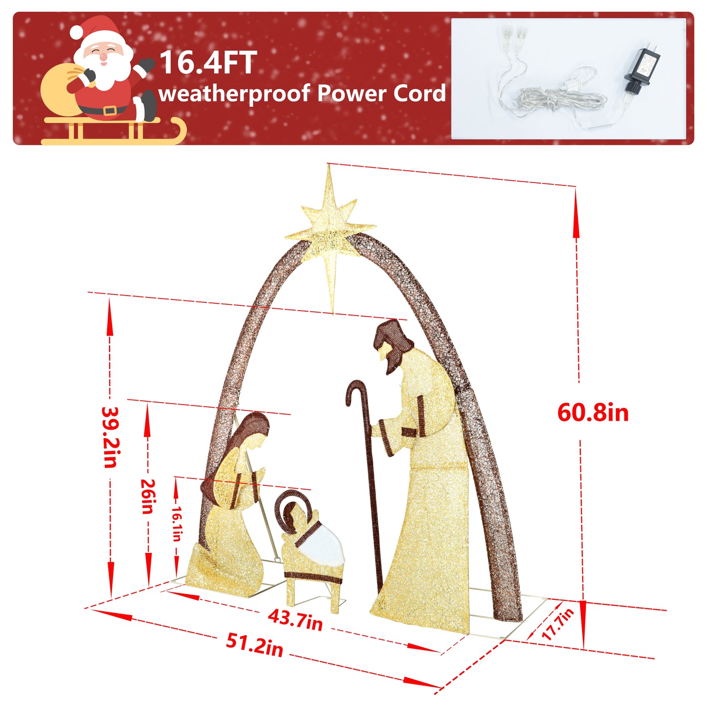 5Ft Lighted Nativity Scene Outdoor Christmas Decor Indoor Holiday Yard Decor Nativity Set W/ Lights, Gold