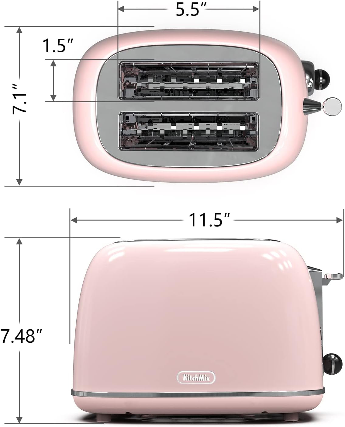 Hausora Toaster 2 Slice,Retro Stainless Steel Toaster with 6 Settings, 1.5 in Extra Wide Slots, Bagel/Defrost/Cancel Function, Removable Crumb Tray (Baby Pink)