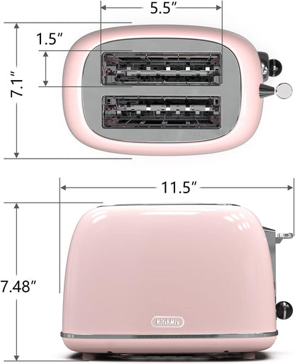 Hausora Toaster 2 Slice,Retro Stainless Steel Toaster with 6 Settings, 1.5 in Extra Wide Slots, Bagel/Defrost/Cancel Function, Removable Crumb Tray (Baby Pink)