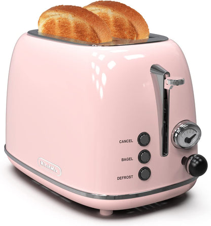 Hausora Toaster 2 Slice,Retro Stainless Steel Toaster with 6 Settings, 1.5 in Extra Wide Slots, Bagel/Defrost/Cancel Function, Removable Crumb Tray (Baby Pink)