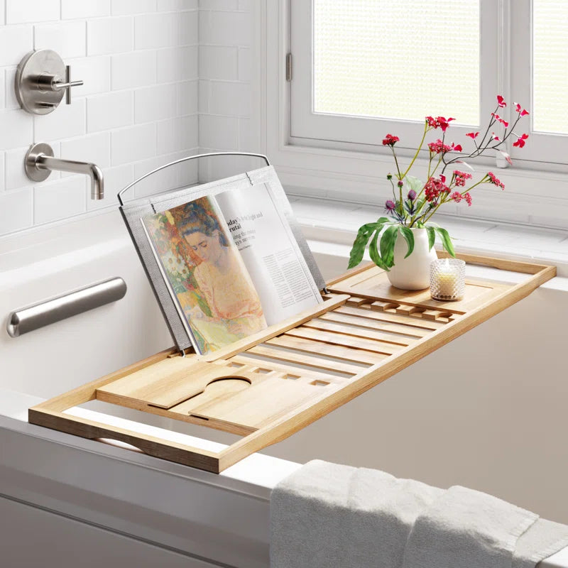 Hausora Bathroom Bamboo Bathtub Tray - Wood Bath Caddy with Book, Phone, or Tablet Rest, Cup Holder, and Extended Sides for Bath Accessories