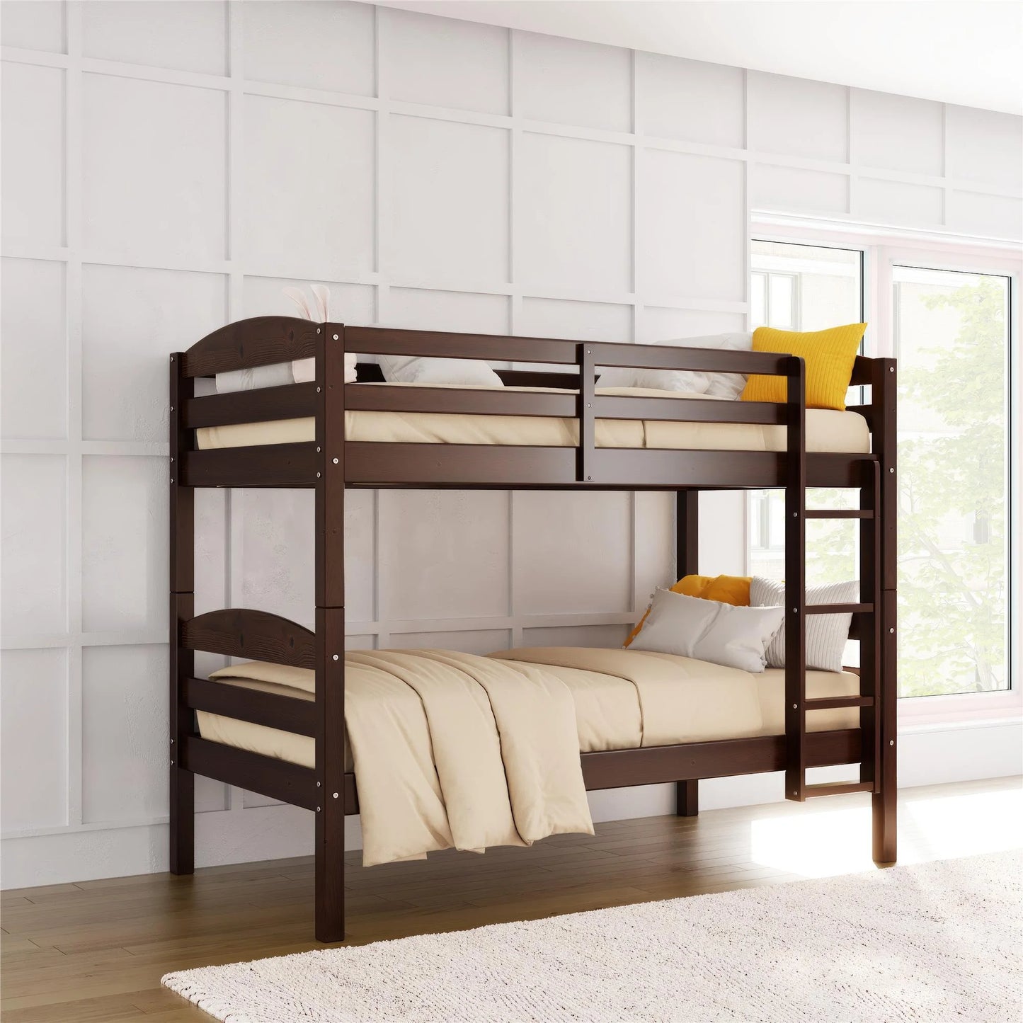 Hausora Kids Solid Wood Twin-Over-Twin Convertible Bunk Bed, Mocha