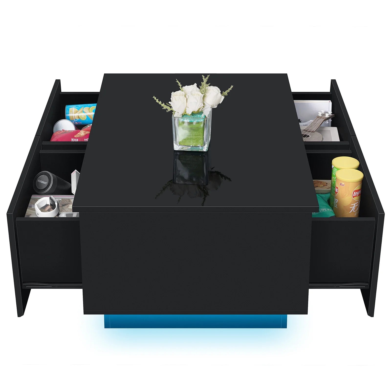 Hausora Living Room LED Coffee Table with 4 Drawers Center Cocktail Side Table Black High Gloss Finish