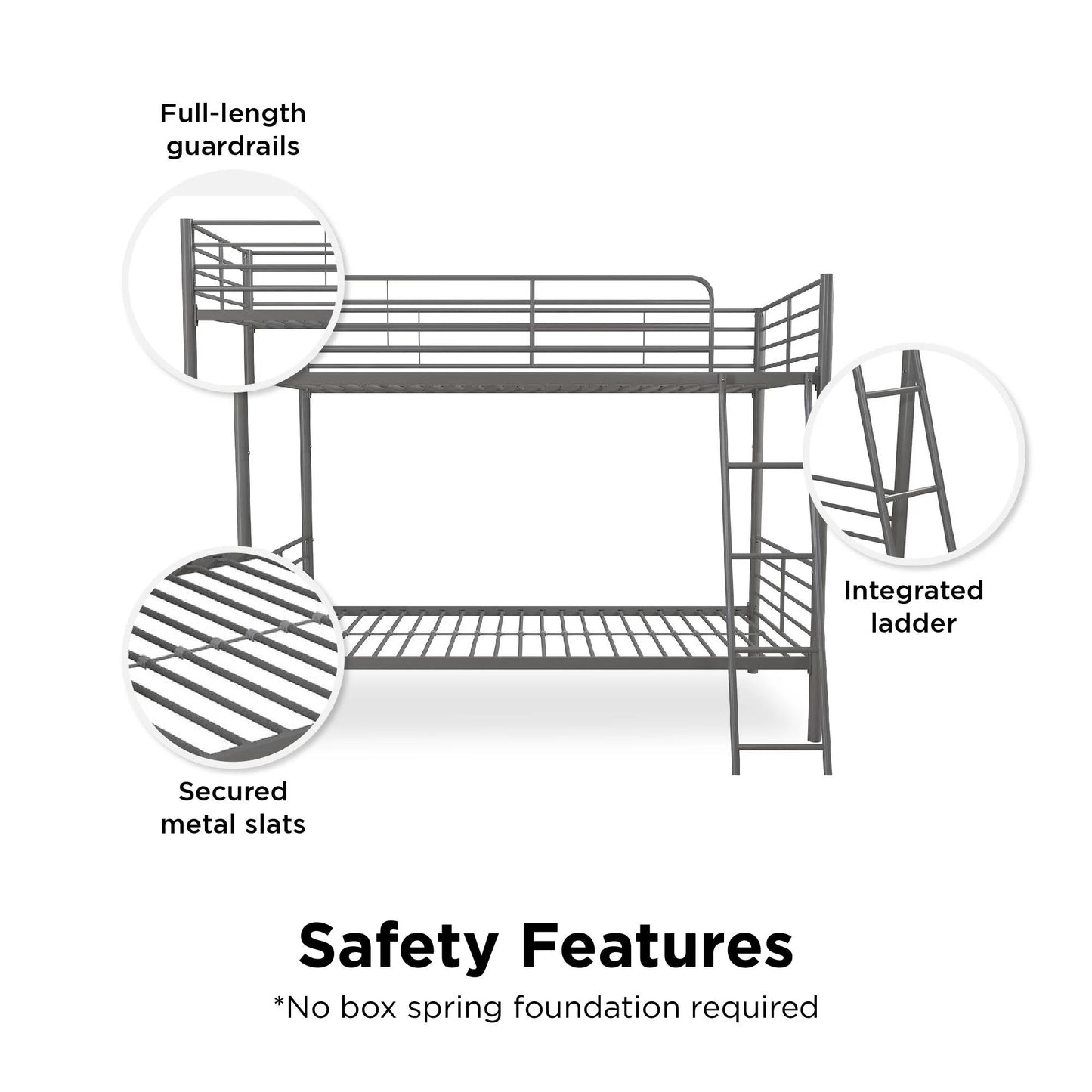 Convertible Twin over Twin Metal Bunk Bed, Silver