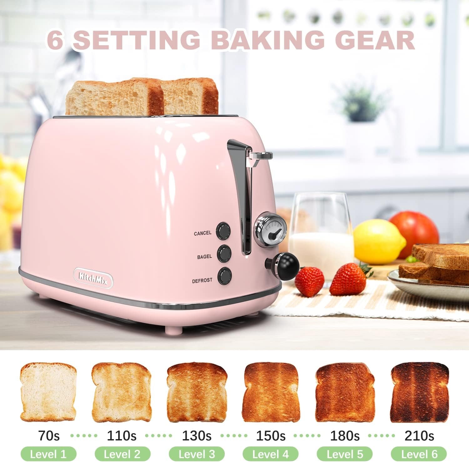 Hausora Toaster 2 Slice,Retro Stainless Steel Toaster with 6 Settings, 1.5 in Extra Wide Slots, Bagel/Defrost/Cancel Function, Removable Crumb Tray (Baby Pink)