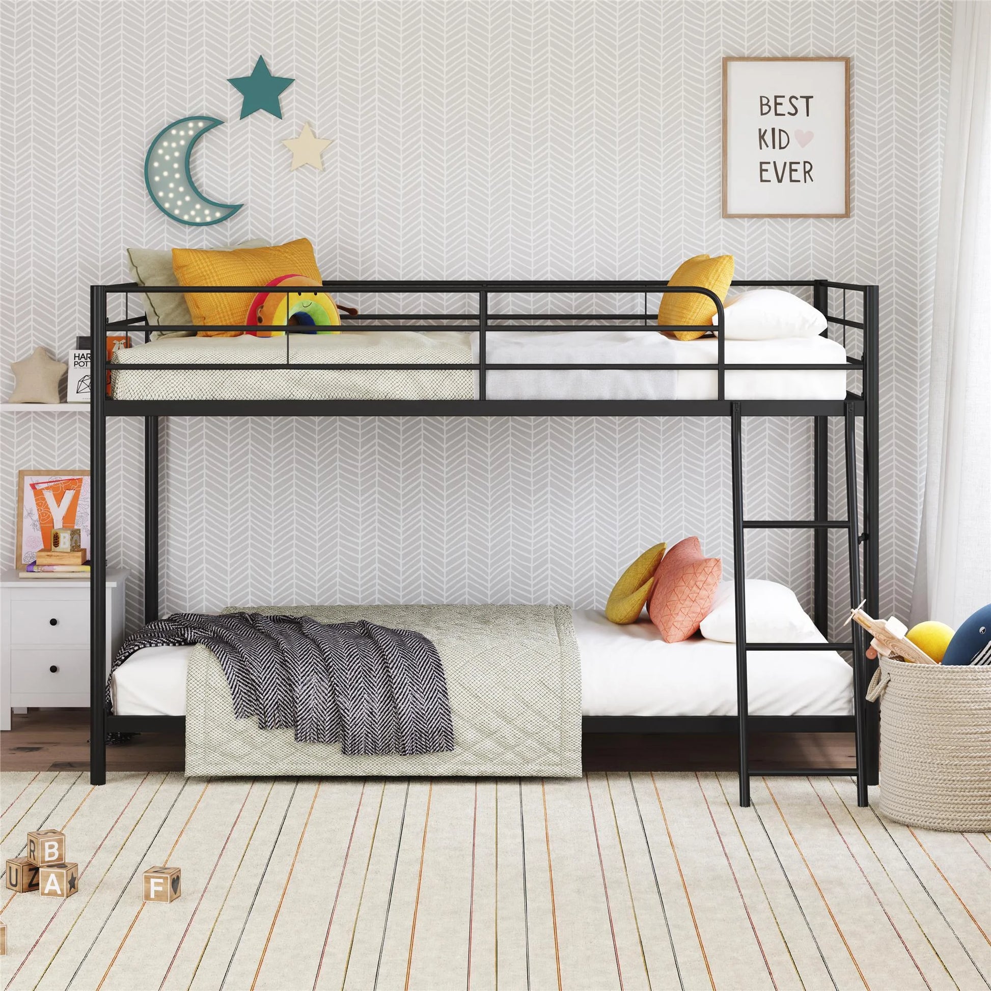 Hausora Bedroom Small Spaces Twin-Over-Twin Low Profile Junior Bunk Bed, Black