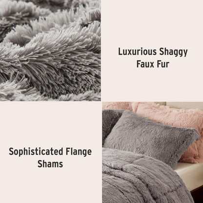 Hausora Bedroom Malea Shaggy Comforter Set, Long Faux Fur Cozy down Alternative, Modern Casual Ultra Soft All Season Fluffy Bedding with Matching Sham, King/Cal King, Grey 3 Piece