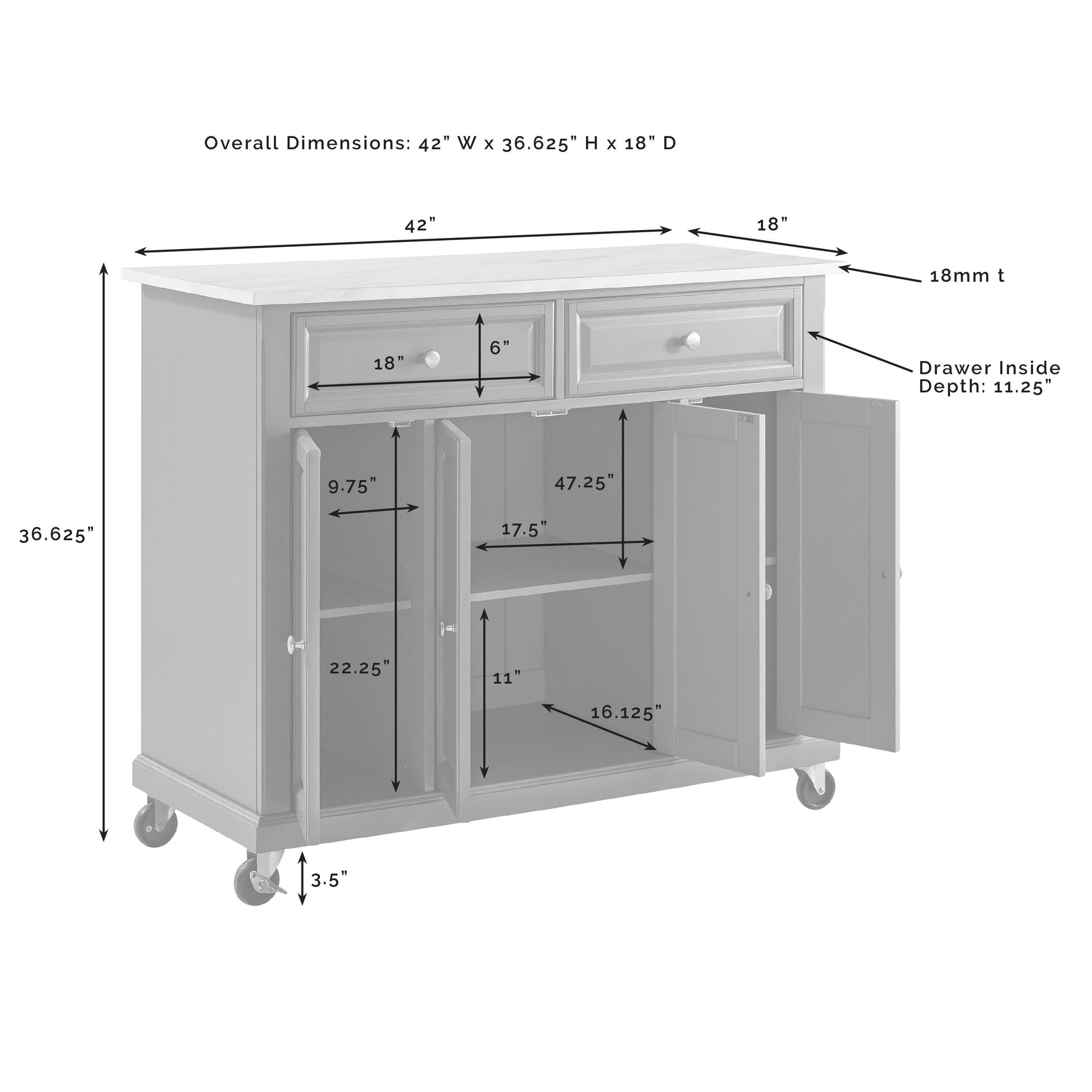 Avery Wood/Faux Marble Top Kitchen Cart in Distressed Gray