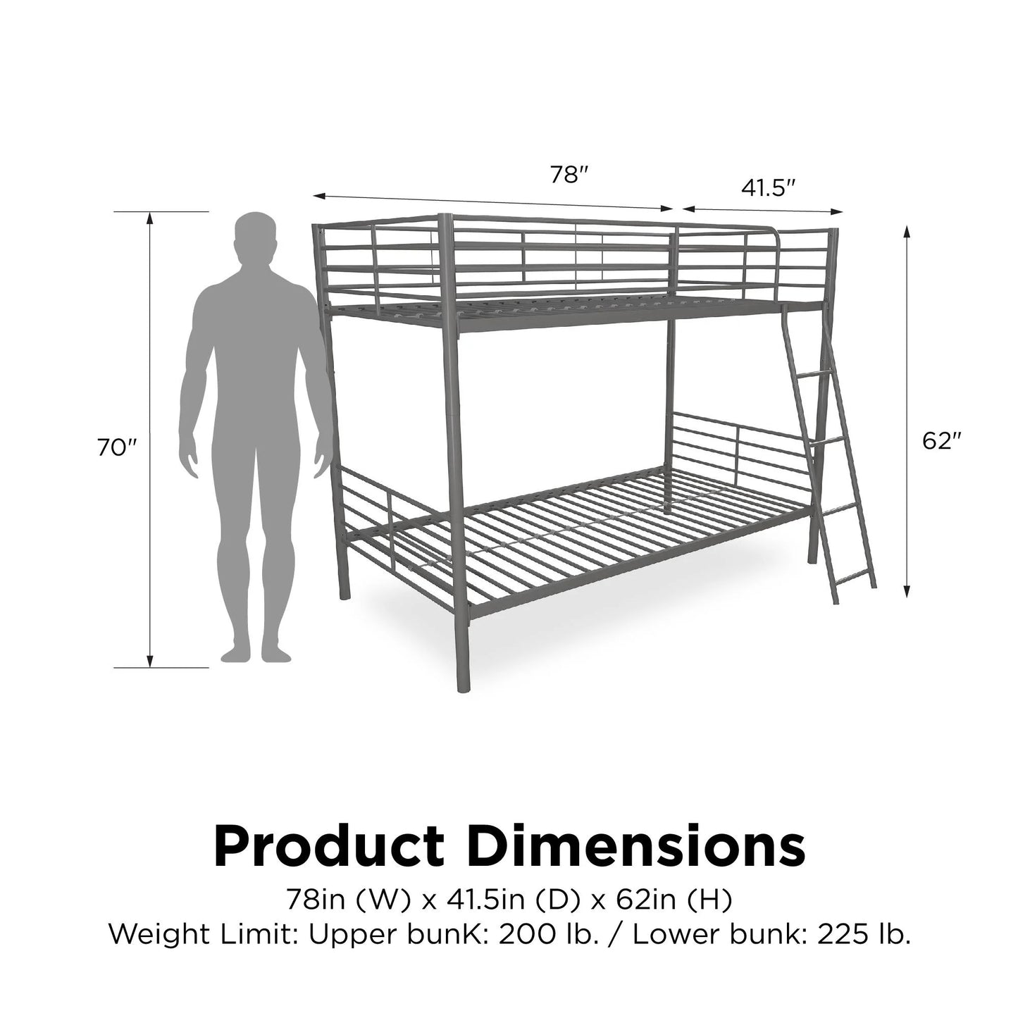 Convertible Twin over Twin Metal Bunk Bed, Silver