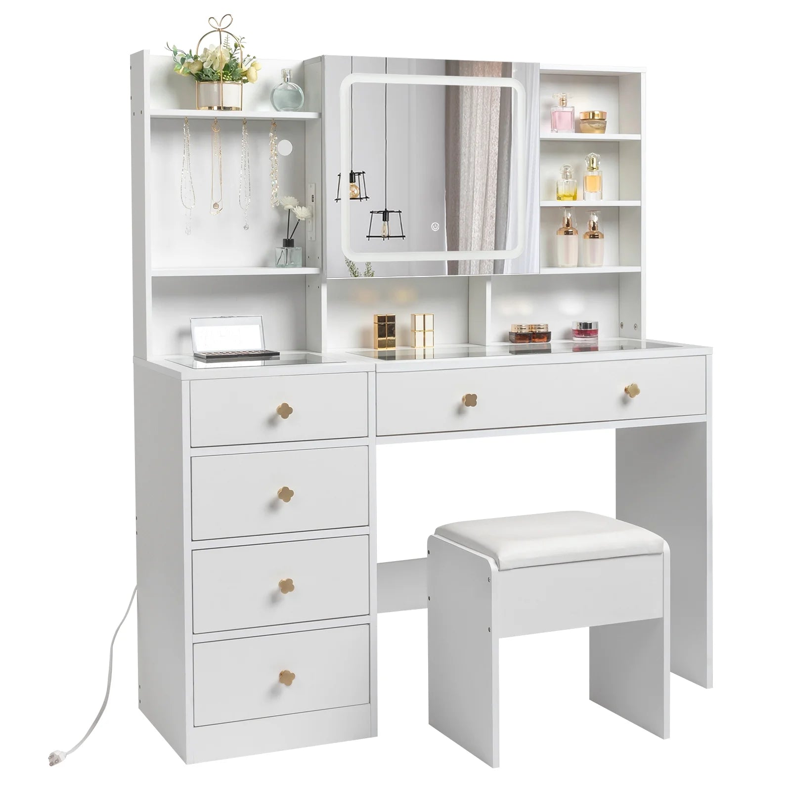 Hausora Bedroom Large 47.2" Makeup Vanity with 3 Color Lights, Vanity Desk with USB Charging Station, Vanity Makeup Table with Visible Drawers, Hidden and Open Storage Shelves, White