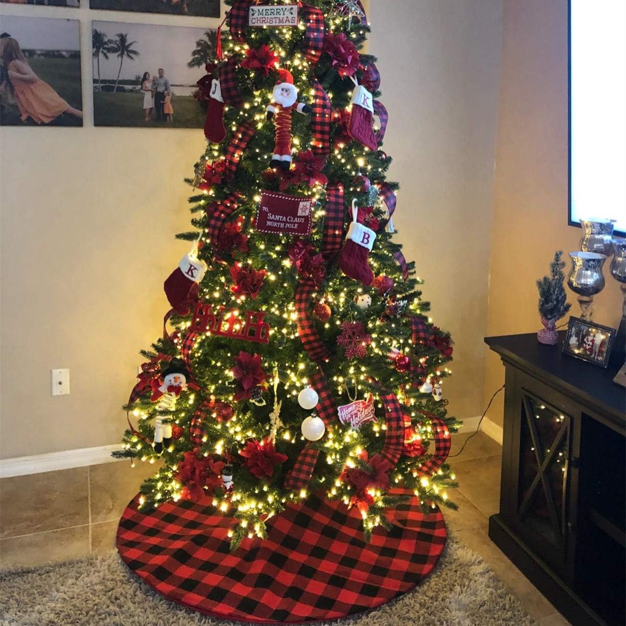 Hausora Decorative Christmas Tree Skirt Red Black Buffalo Plaid Tree Skirt Small 24 Inch Cotton Linen Fabric