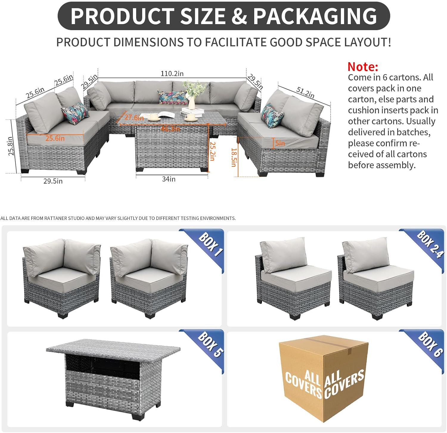 Hausora Garden 9-Piece Outdoor Sectional Wicker Furniture Set Patio Furniture Conversation Couch Set Large-Size Storage Table with Thicken(5") Anti-Slip Light Grey Cushions Furniture Cover