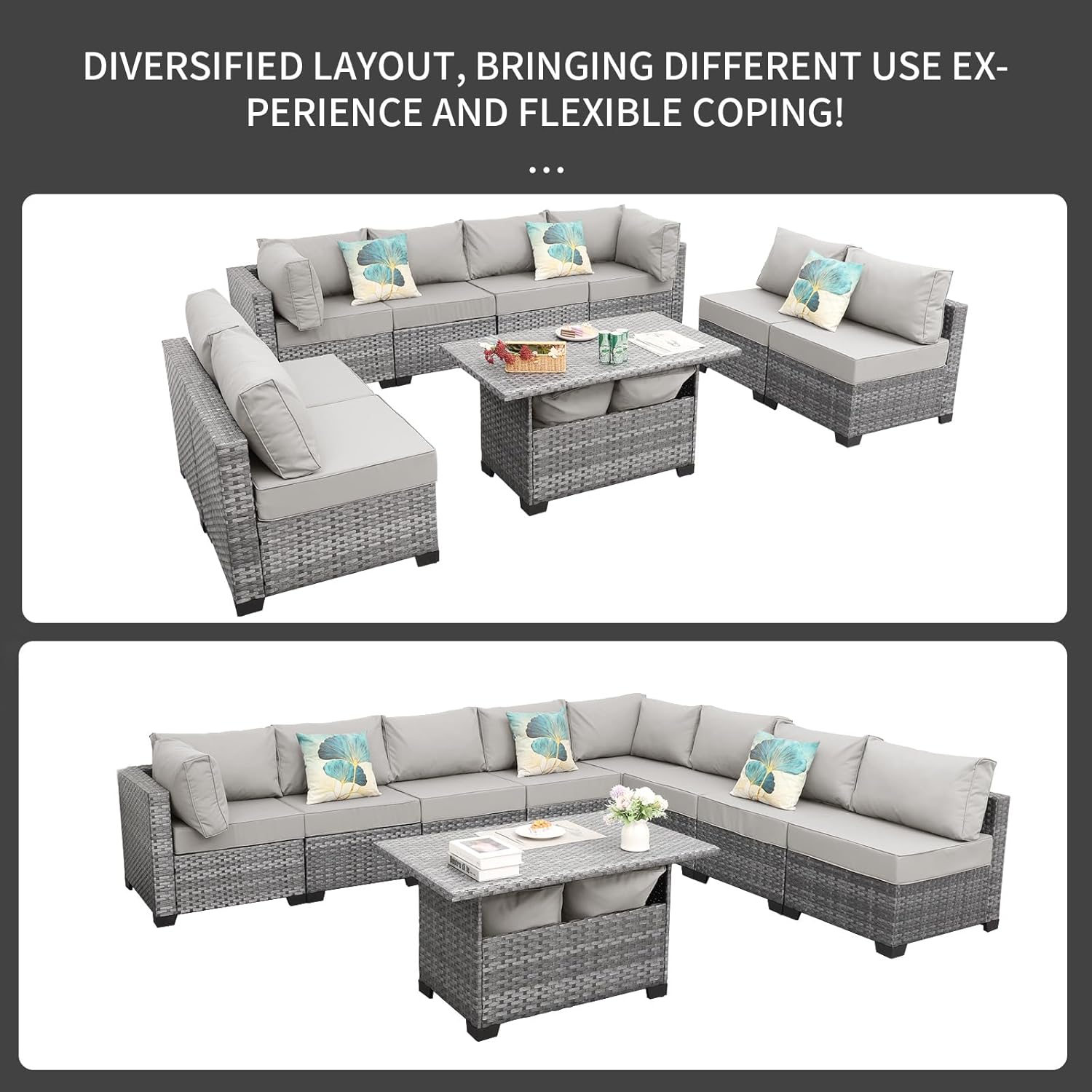 Hausora Garden 9-Piece Outdoor Sectional Wicker Furniture Set Patio Furniture Conversation Couch Set Large-Size Storage Table with Thicken(5") Anti-Slip Light Grey Cushions Furniture Cover