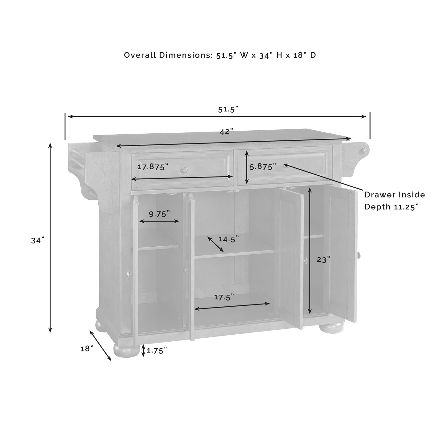 Alexandria Wood Kitchen Island in White/Silver