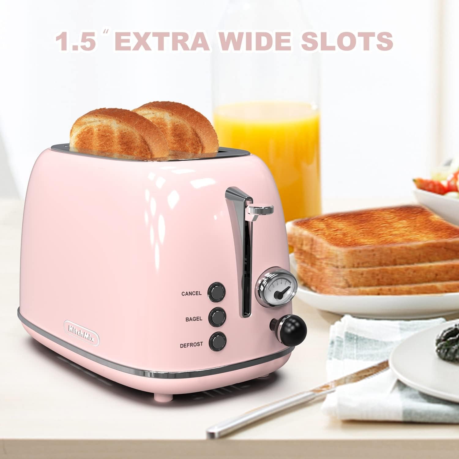 Hausora Toaster 2 Slice,Retro Stainless Steel Toaster with 6 Settings, 1.5 in Extra Wide Slots, Bagel/Defrost/Cancel Function, Removable Crumb Tray (Baby Pink)