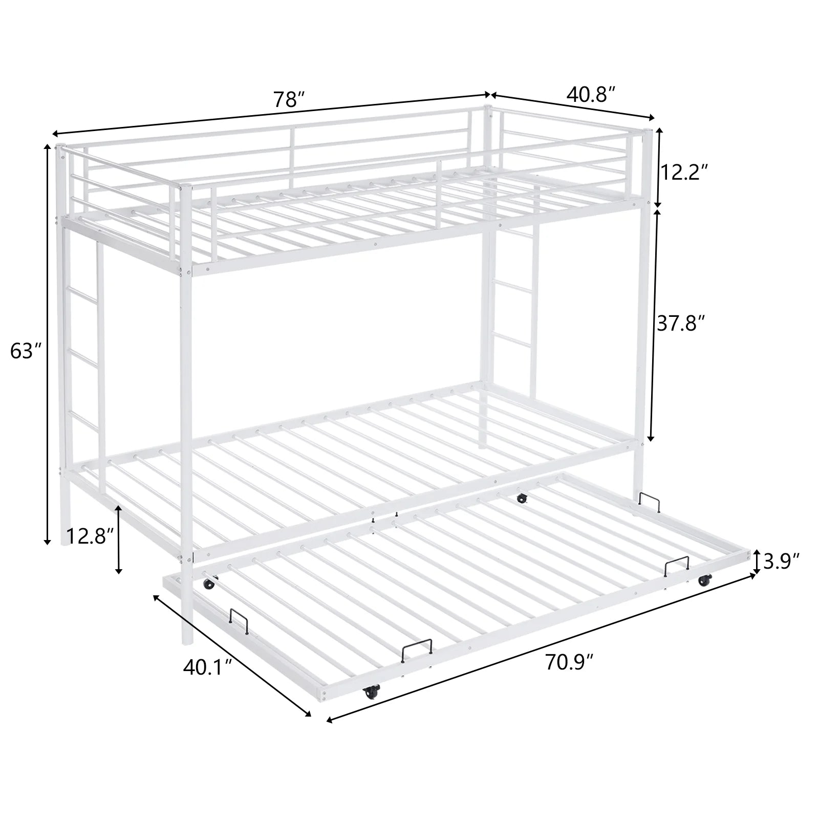 Hausora Kids Twin over Twin Bunk Bed with Trundle, Heavy Duty Metal Bed Frame with Safety Rail Side Ladders for Dormitory Bedroom Boys Girls Adults,No Box Spring Needed (White)