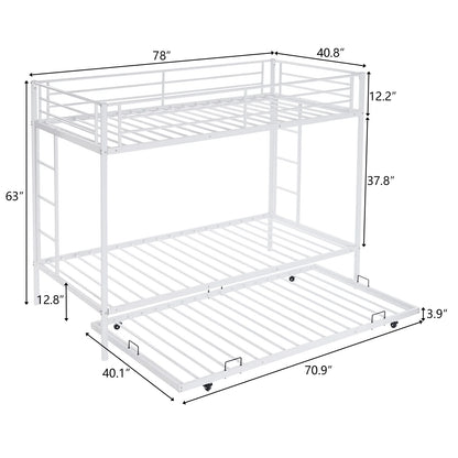 Hausora Kids Twin over Twin Bunk Bed with Trundle, Heavy Duty Metal Bed Frame with Safety Rail Side Ladders for Dormitory Bedroom Boys Girls Adults,No Box Spring Needed (White)