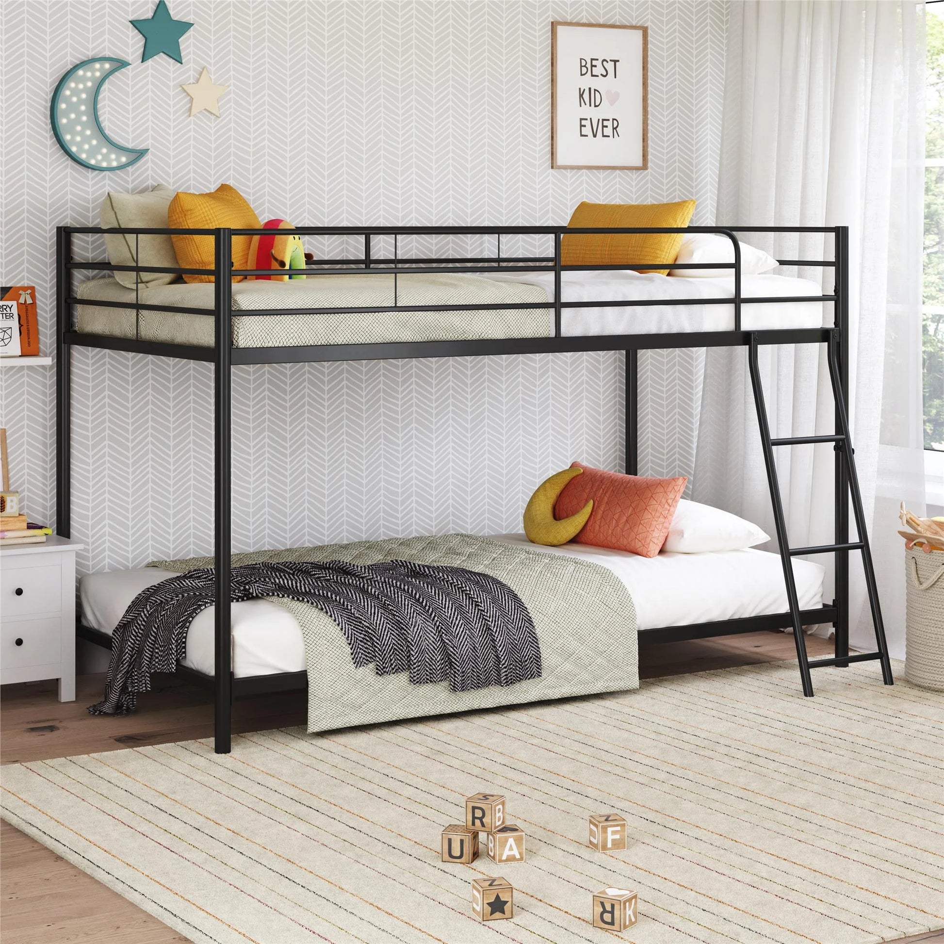 Hausora Bedroom Small Spaces Twin-Over-Twin Low Profile Junior Bunk Bed, Black