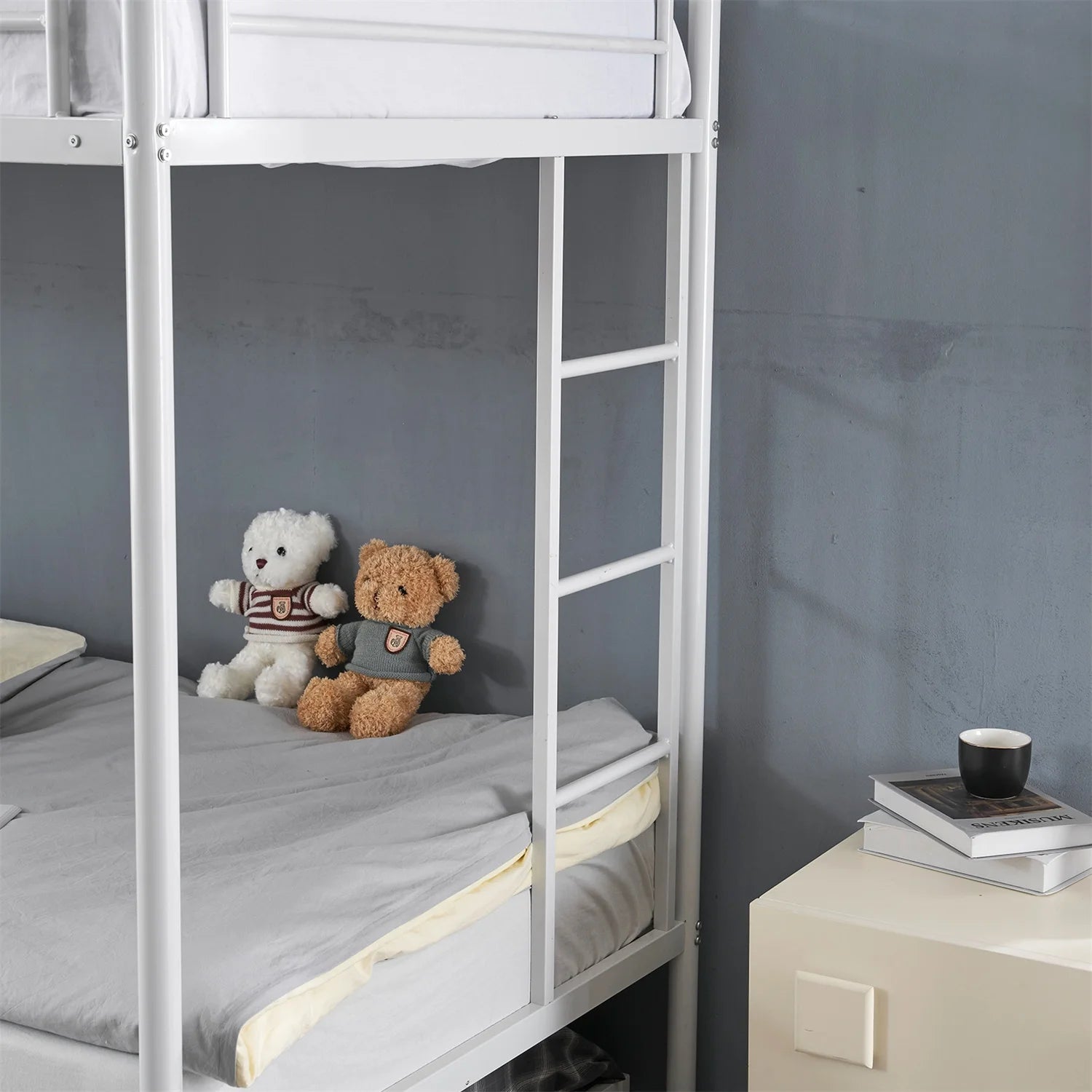 Hausora Kids Twin over Twin Bunk Bed with Trundle, Heavy Duty Metal Bed Frame with Safety Rail Side Ladders for Dormitory Bedroom Boys Girls Adults,No Box Spring Needed (White)