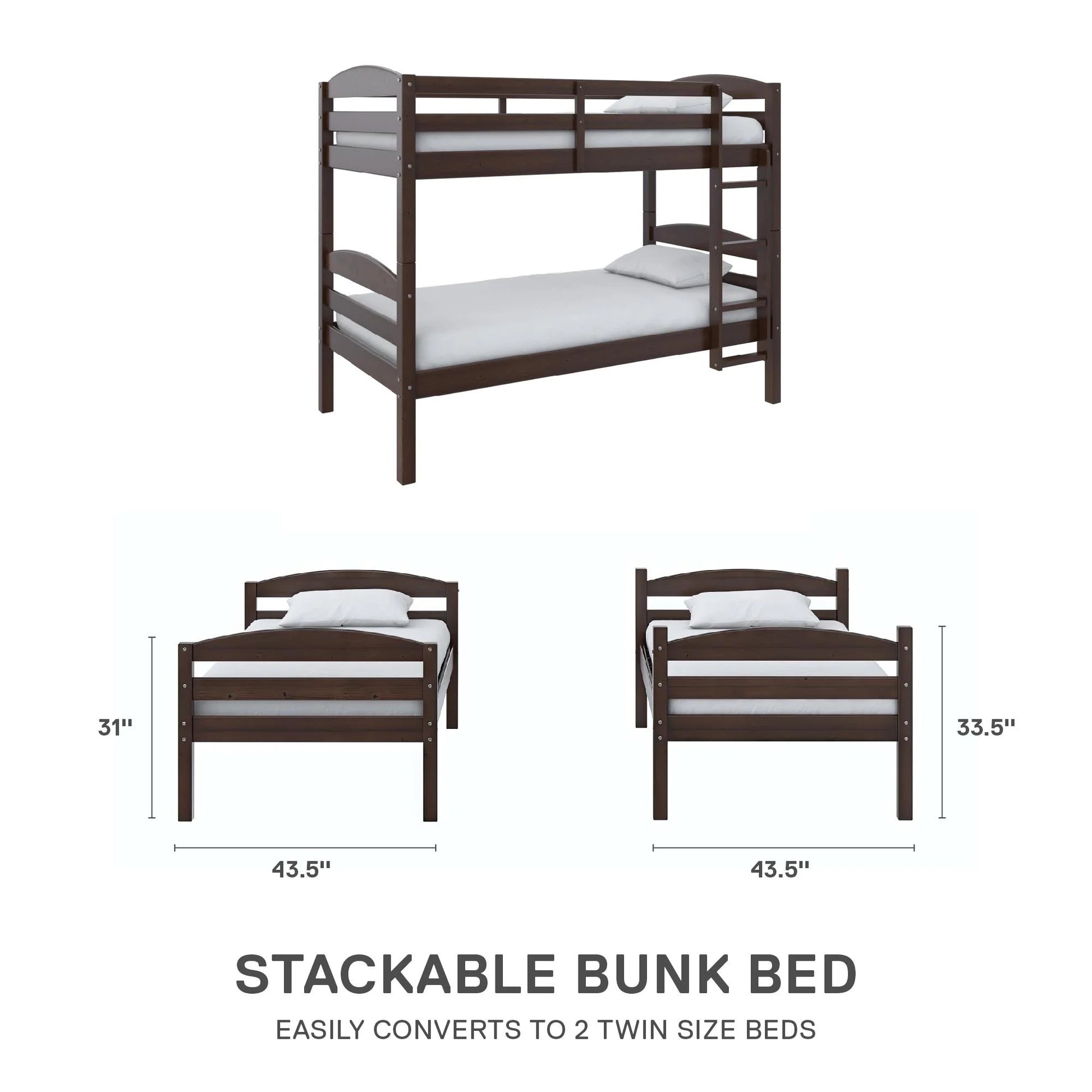 Hausora Kids Solid Wood Twin-Over-Twin Convertible Bunk Bed, Mocha