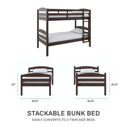 Hausora Kids Solid Wood Twin-Over-Twin Convertible Bunk Bed, Mocha