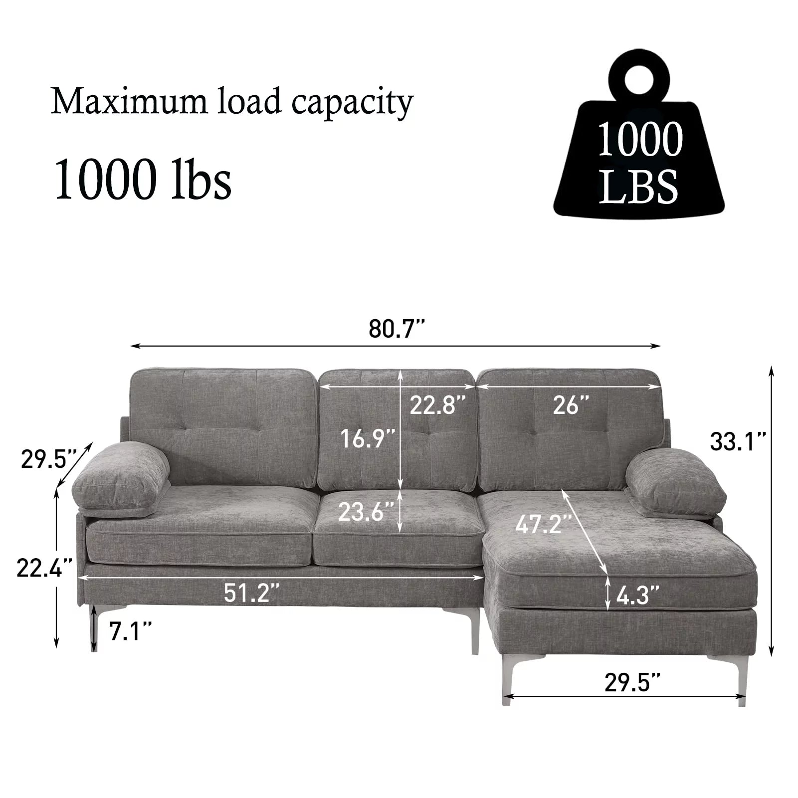 Hausora Living Room Convertible Sectional Sofa Couch, L-Shaped Couch with Reversible Chaise Lounge, Chenille Fabric Modern Sofa for Living Room, Apartment, Office, 3 Seats, Gray