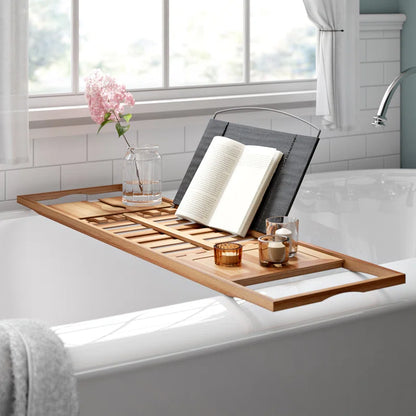 Hausora Bathroom Bamboo Bathtub Tray - Wood Bath Caddy with Book, Phone, or Tablet Rest, Cup Holder, and Extended Sides for Bath Accessories