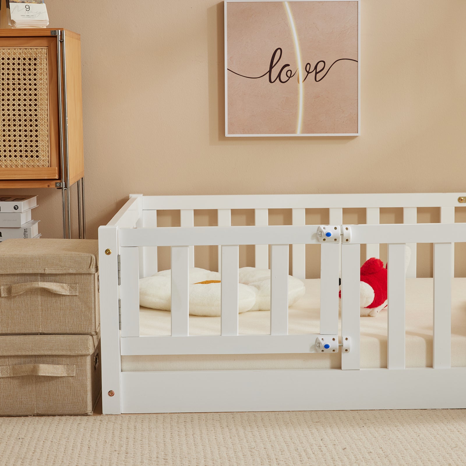 Montessori Floor Bed Frame, Twin Size Kids Toddler Bed with Fence and Door, Wooden Platform Bed, White