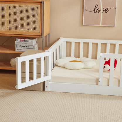 Montessori Floor Bed Frame, Twin Size Kids Toddler Bed with Fence and Door, Wooden Platform Bed, White