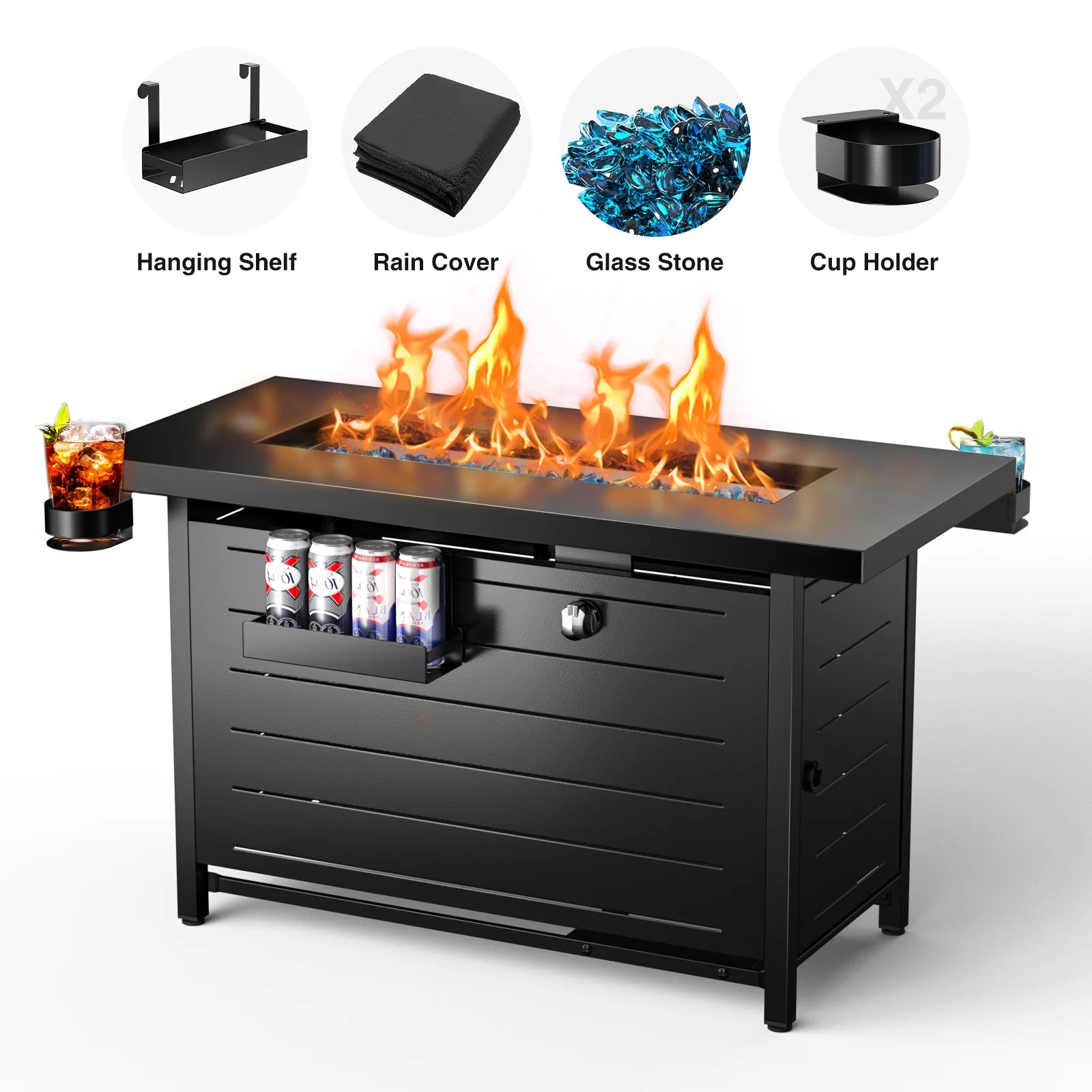 Hausora Garden 43" Propane Fire Pits for outside 60,000 BTU Gas Fire Pit Table for outside with Lid , Glass Beads, Cup Holders, Hanging Shelf & Nylon Cover, Rectangle