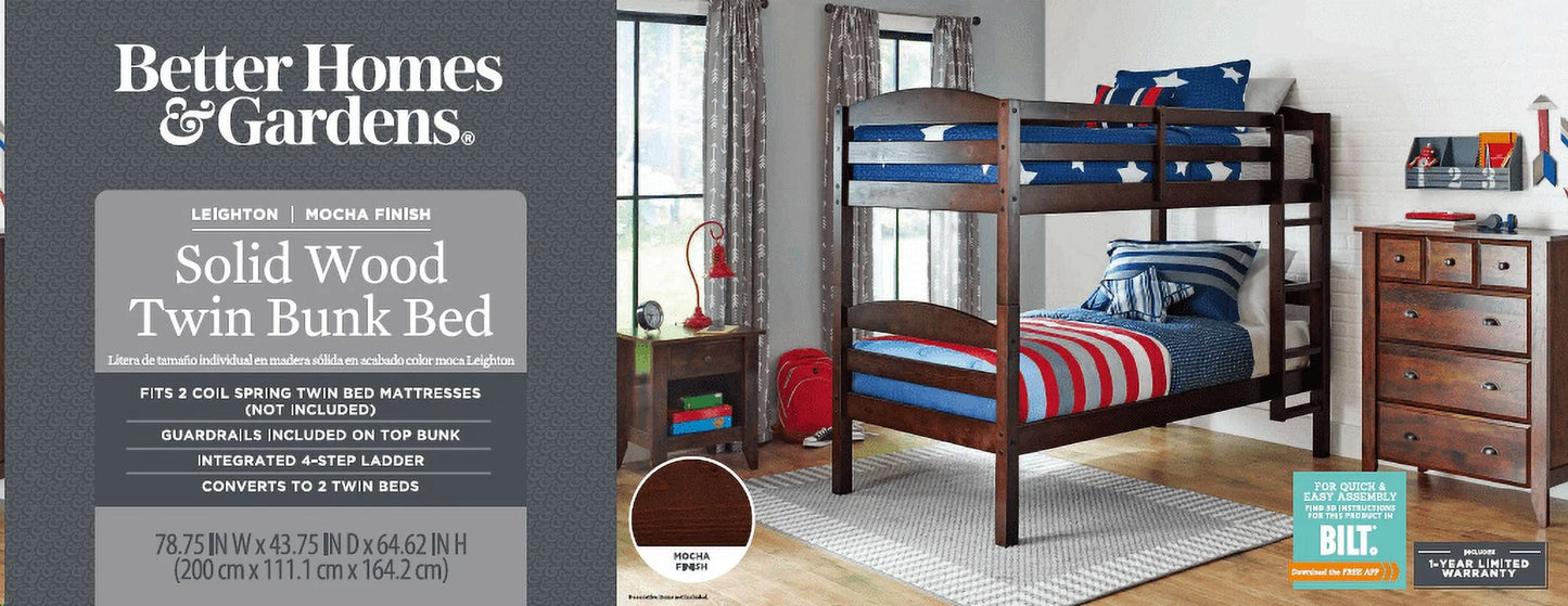 Hausora Kids Solid Wood Twin-Over-Twin Convertible Bunk Bed, Mocha