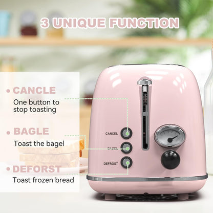 Hausora Toaster 2 Slice,Retro Stainless Steel Toaster with 6 Settings, 1.5 in Extra Wide Slots, Bagel/Defrost/Cancel Function, Removable Crumb Tray (Baby Pink)