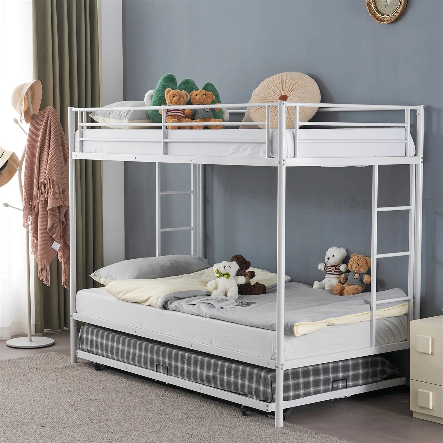 Hausora Kids Twin over Twin Bunk Bed with Trundle, Heavy Duty Metal Bed Frame with Safety Rail Side Ladders for Dormitory Bedroom Boys Girls Adults,No Box Spring Needed (White)