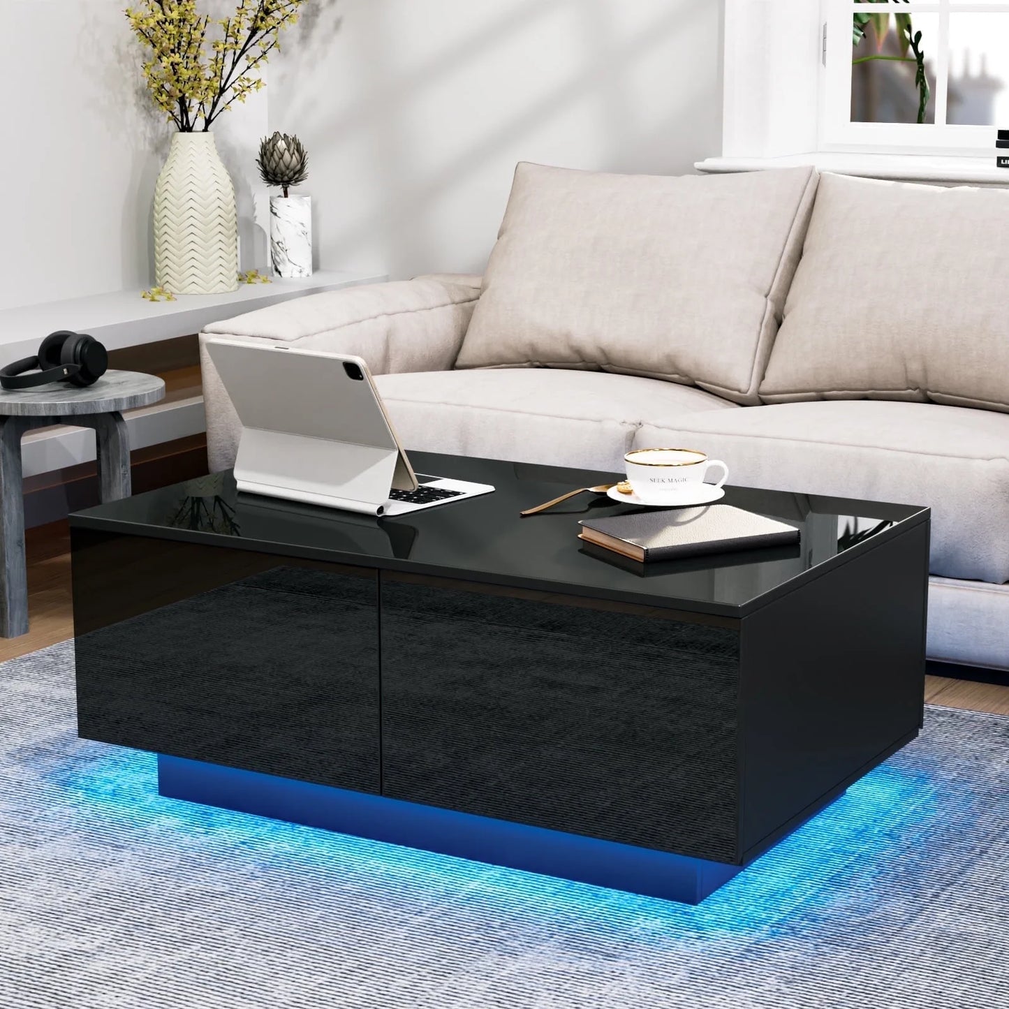 Hausora Living Room LED Coffee Table with 4 Drawers Center Cocktail Side Table Black High Gloss Finish