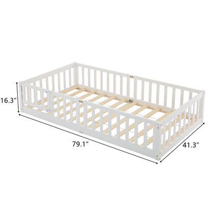 Montessori Floor Bed Frame, Twin Size Kids Toddler Bed with Fence and Door, Wooden Platform Bed, White