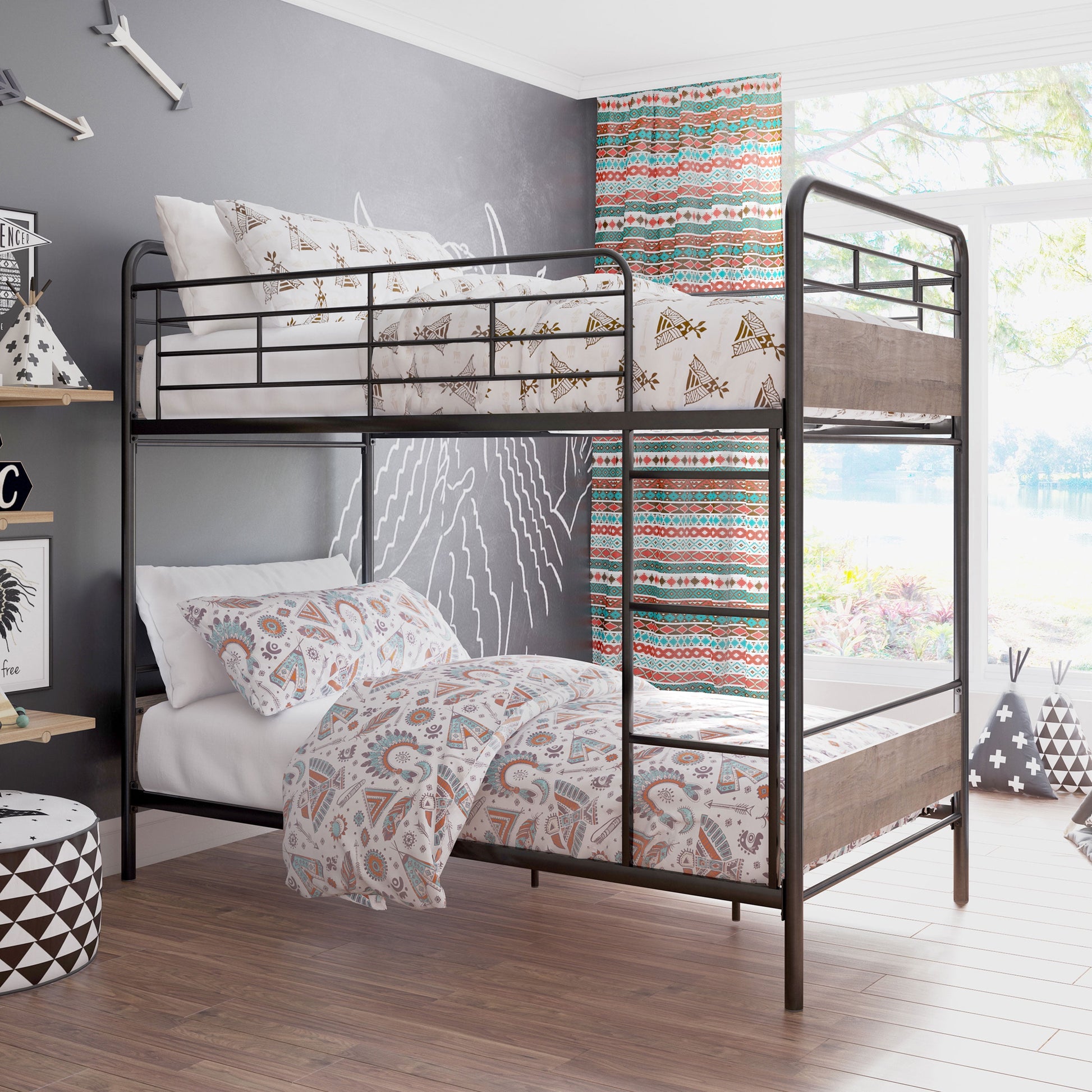 Hausora Kids Twin over Twin Bunk Bed, Metal Frame and Rustic Gray Accents