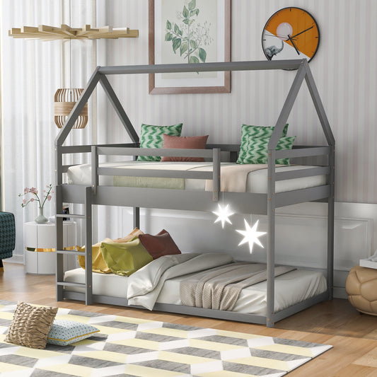 Hausora Kids Twin over Twin House Bed, Low Bunk Bed for Kid'S Room, Gray, Kid's bed