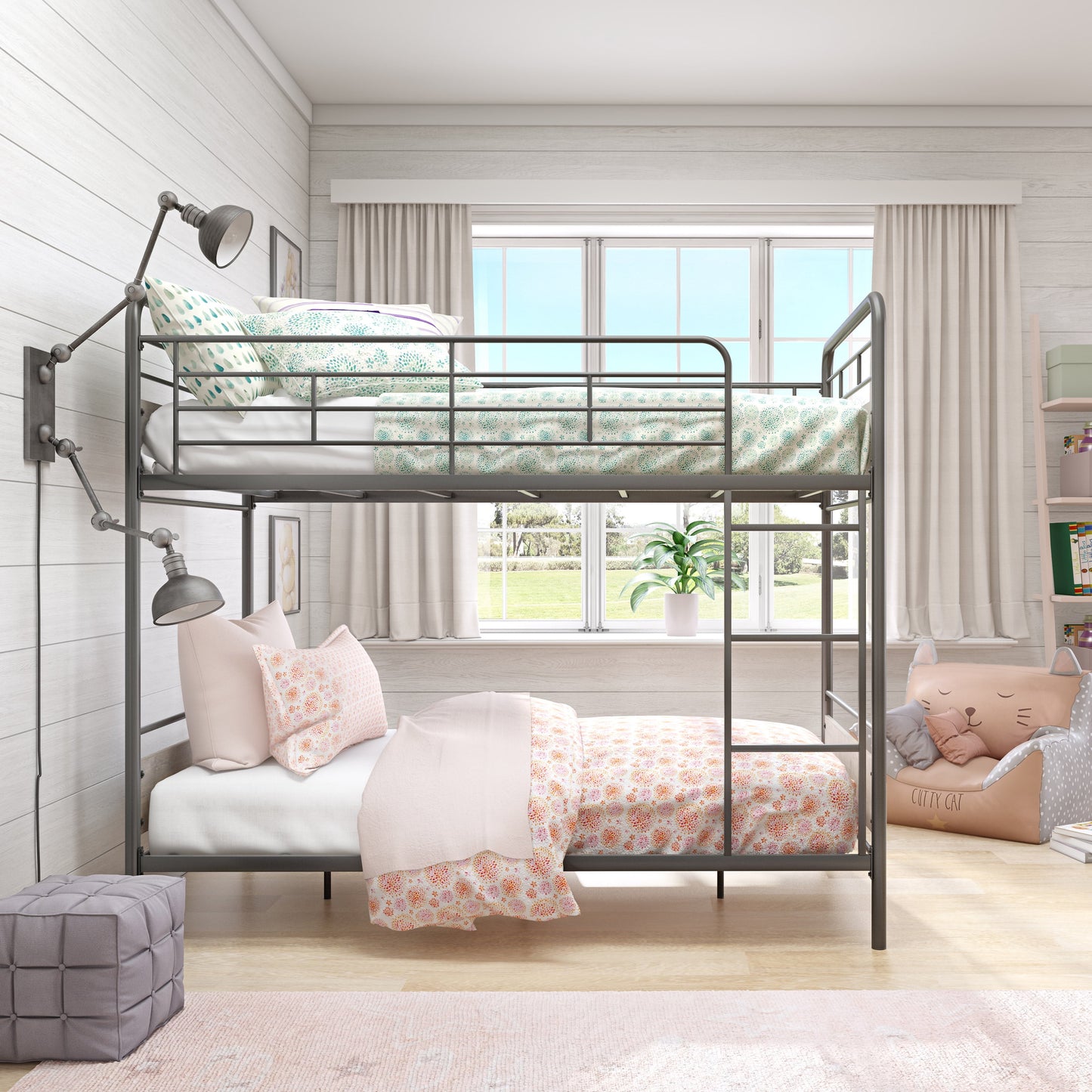 Hausora Kids Twin over Twin Bunk Bed, Metal Frame and Rustic Gray Accents