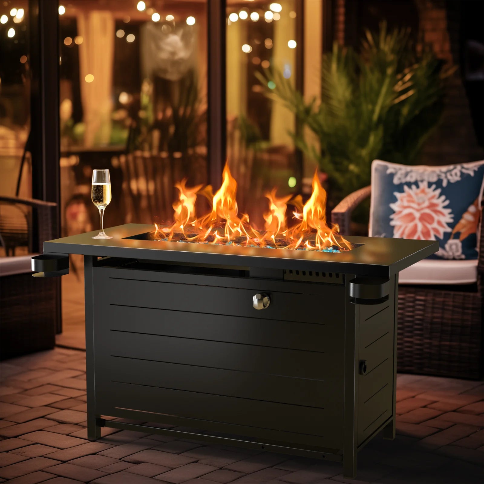 Hausora Garden 43" Propane Fire Pits for outside 60,000 BTU Gas Fire Pit Table for outside with Lid , Glass Beads, Cup Holders, Hanging Shelf & Nylon Cover, Rectangle