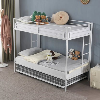 Hausora Kids Twin over Twin Bunk Bed with Trundle, Heavy Duty Metal Bed Frame with Safety Rail Side Ladders for Dormitory Bedroom Boys Girls Adults,No Box Spring Needed (White)