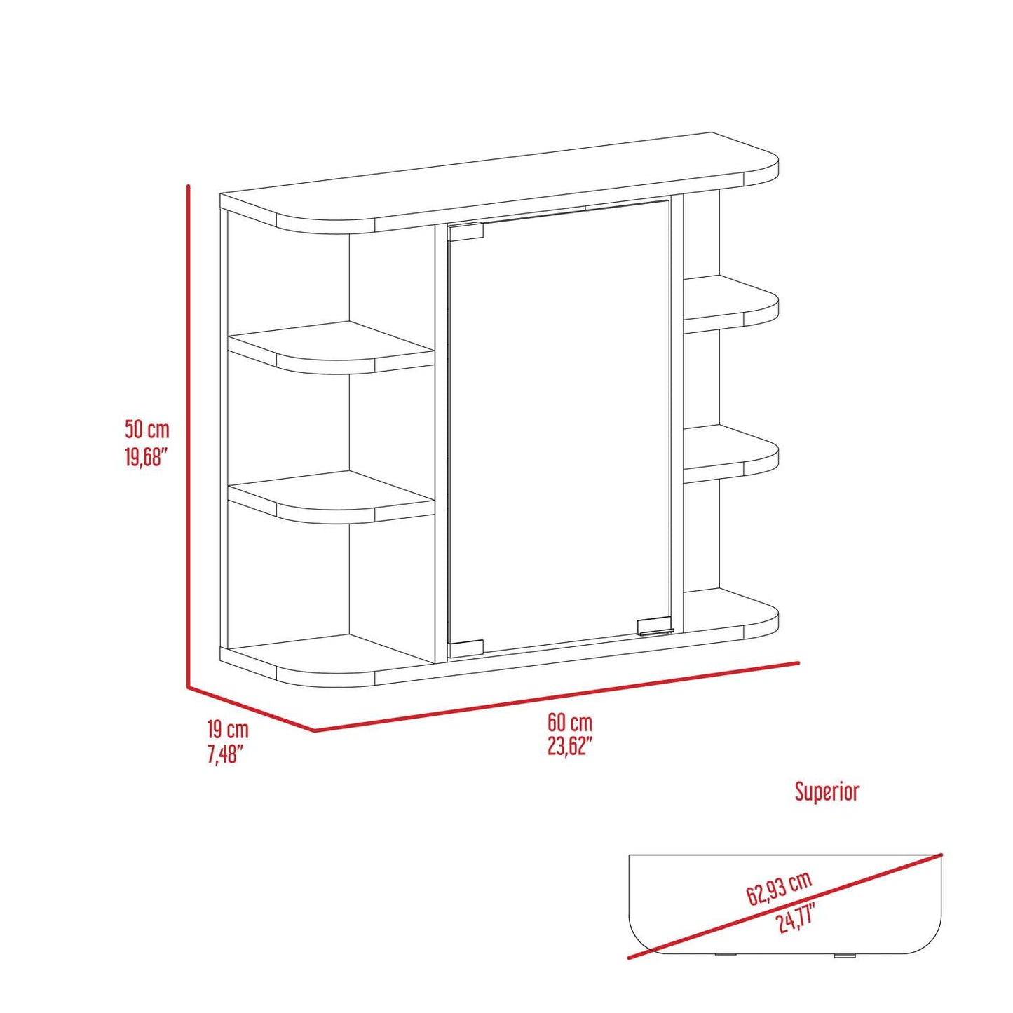 Hausora Bathroom Valdez Medicine Cabinet with Six Shelves, Mirror Cabinet