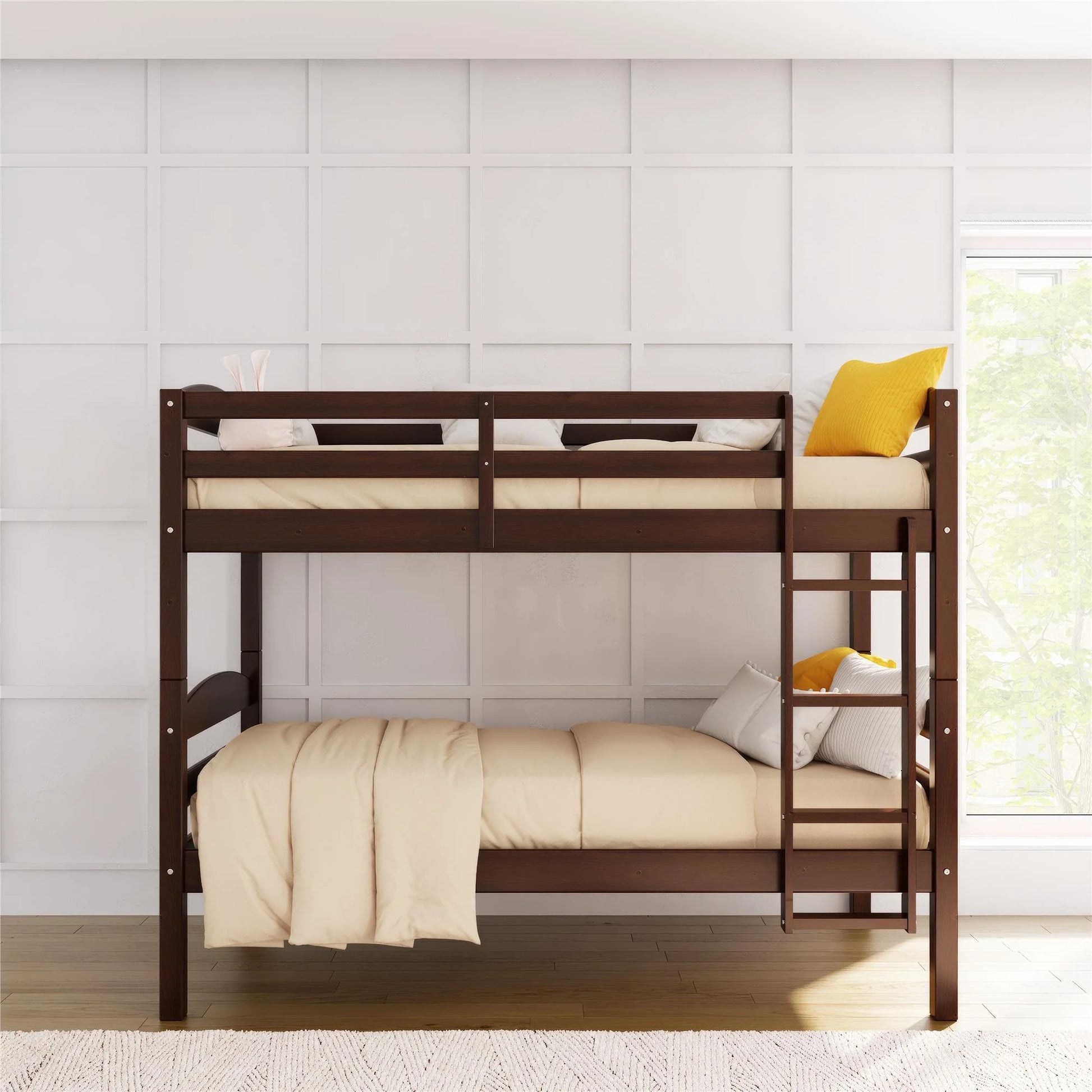 Hausora Kids Solid Wood Twin-Over-Twin Convertible Bunk Bed, Mocha